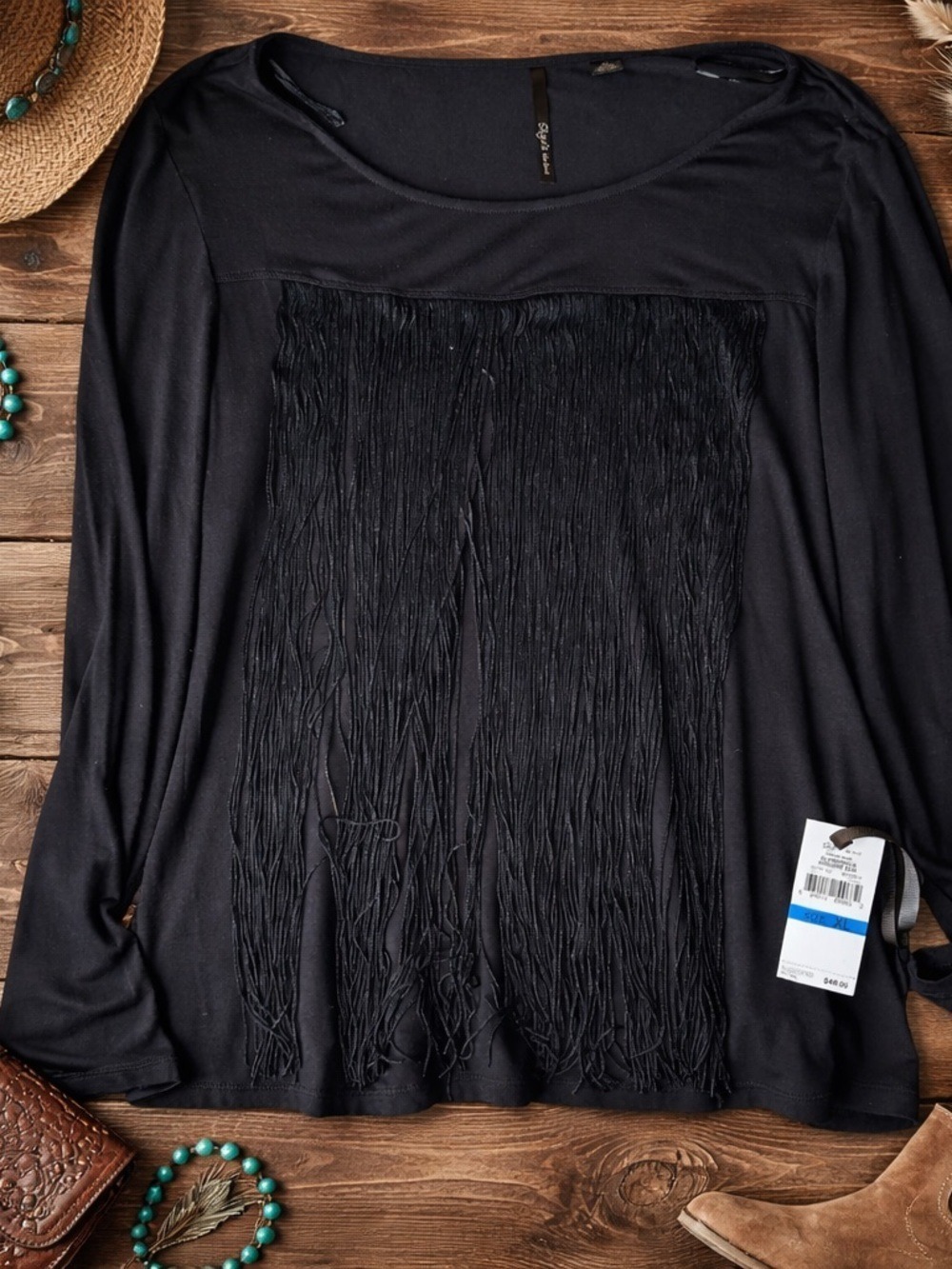 Skye’s The Limit Black Fringe Long Sleeve Top XL Boho Western Shirt